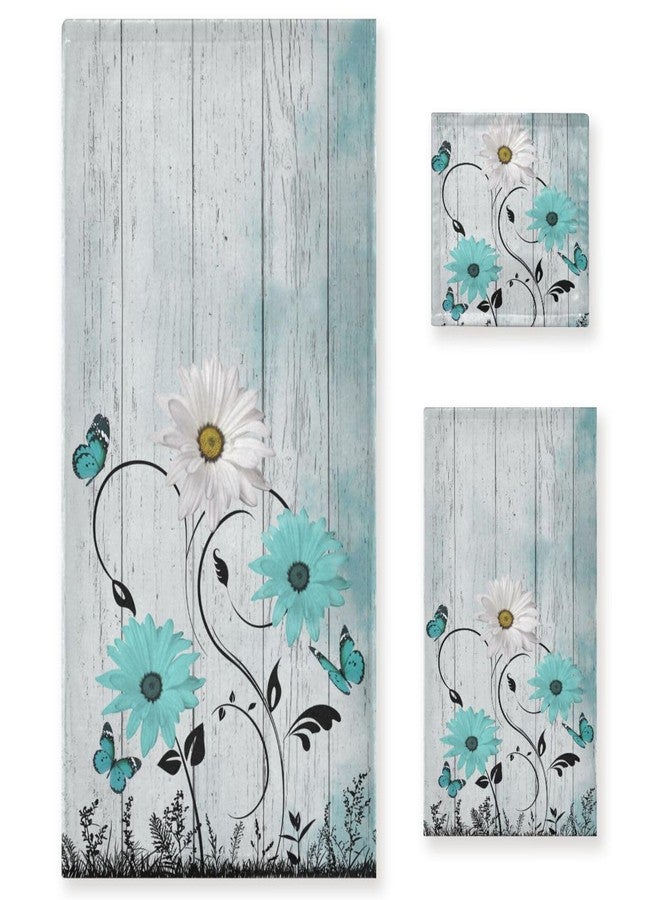 AIYOOLER Teal Aqua White Daisy Flower Bath Towels Set,3 Piece Soft Rustic Butterfly Wooden Towel Set,1 Bath Towel 1 Hand Towel 1 Washcloth,Absorbent Decorative Guest Bathroom Towels for Kitchen Shower - Image 1